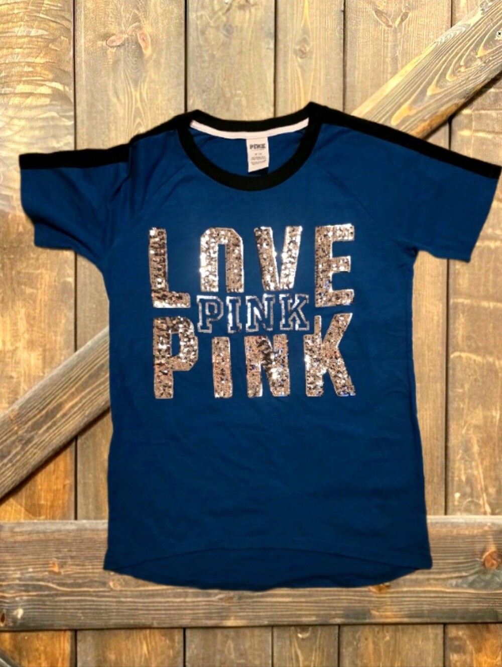 3 For $30😃PINK Victoria's Secret Navy Short Sleeve Tee Sequin 'LOVE PINK'